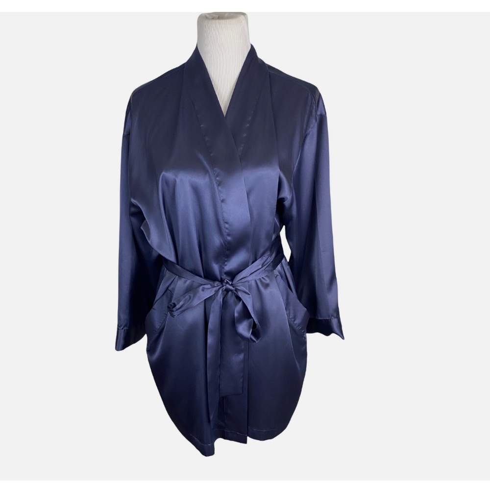 Victorias Secret Womens Robe Dark Blue Navy Silky Tie 3/4 Sleeve One Size